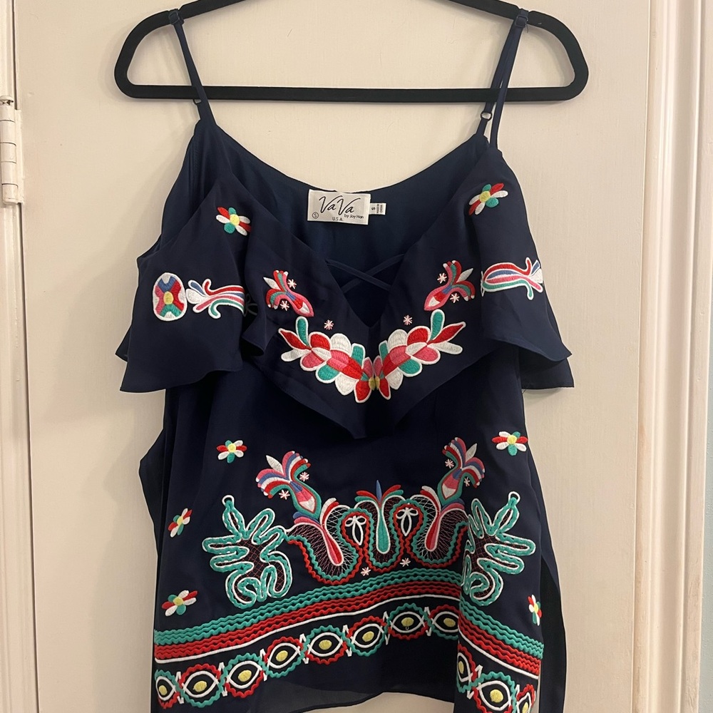 Vava by Joy Han Navy Embroidered Blouse